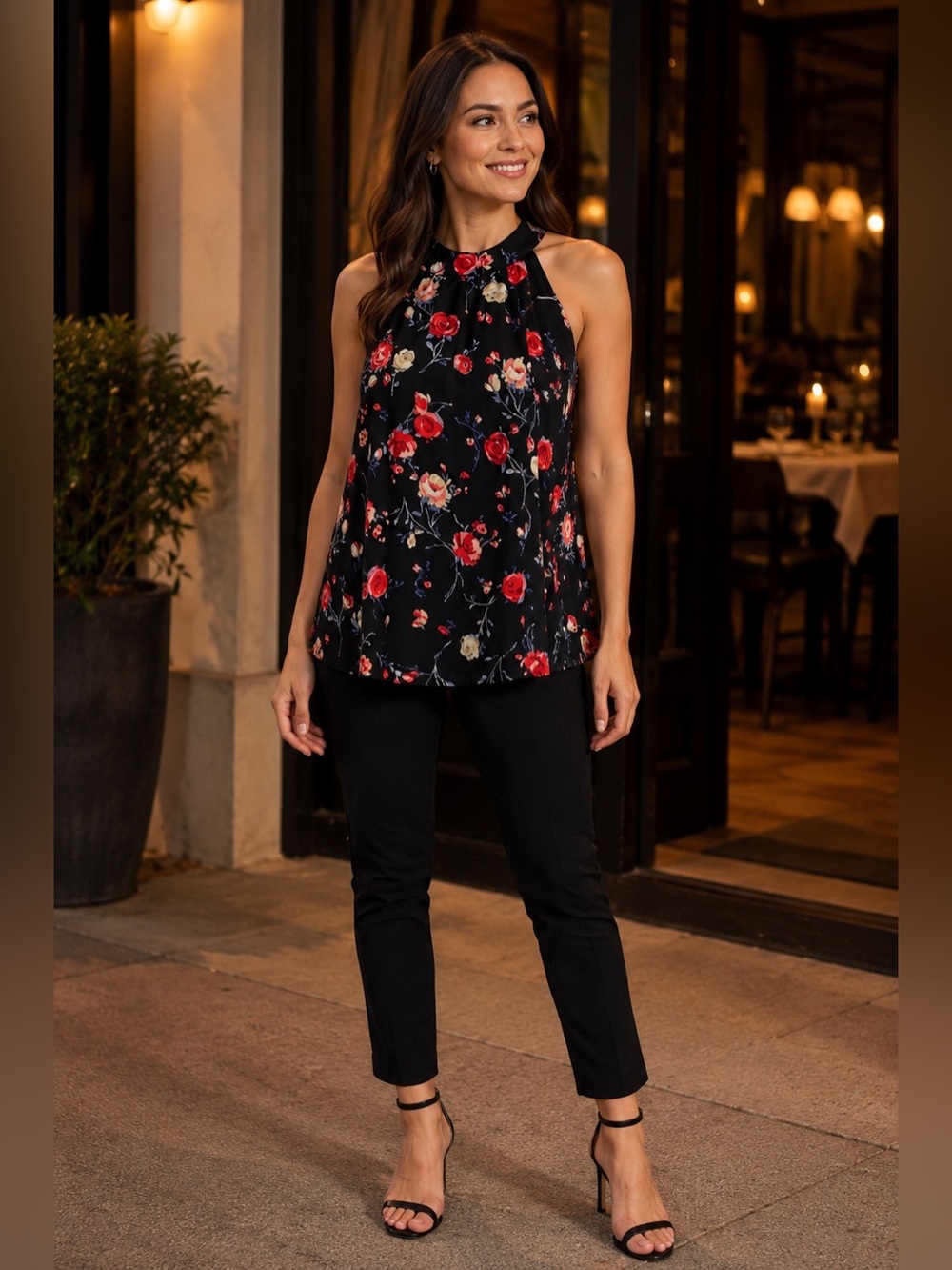 Gibson Black Rose Floral Halter Neck Swing Blouse Size Medium